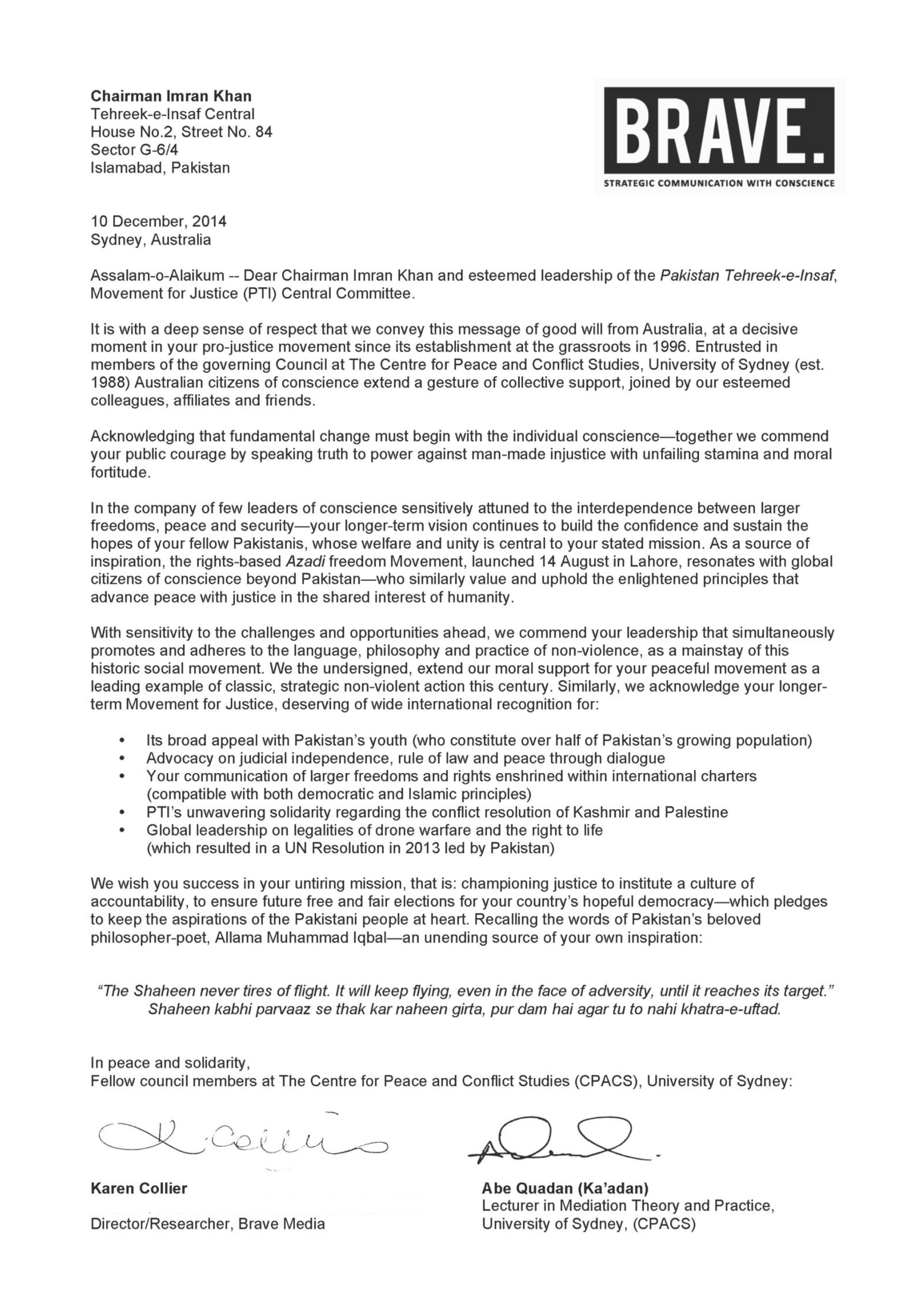 Hand Delivered Letter to Imran Khan Niazi - 10 December 2014